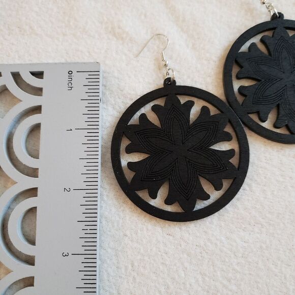 Etched Wood Mandala Cutout Earrings - Picture 3 of 3